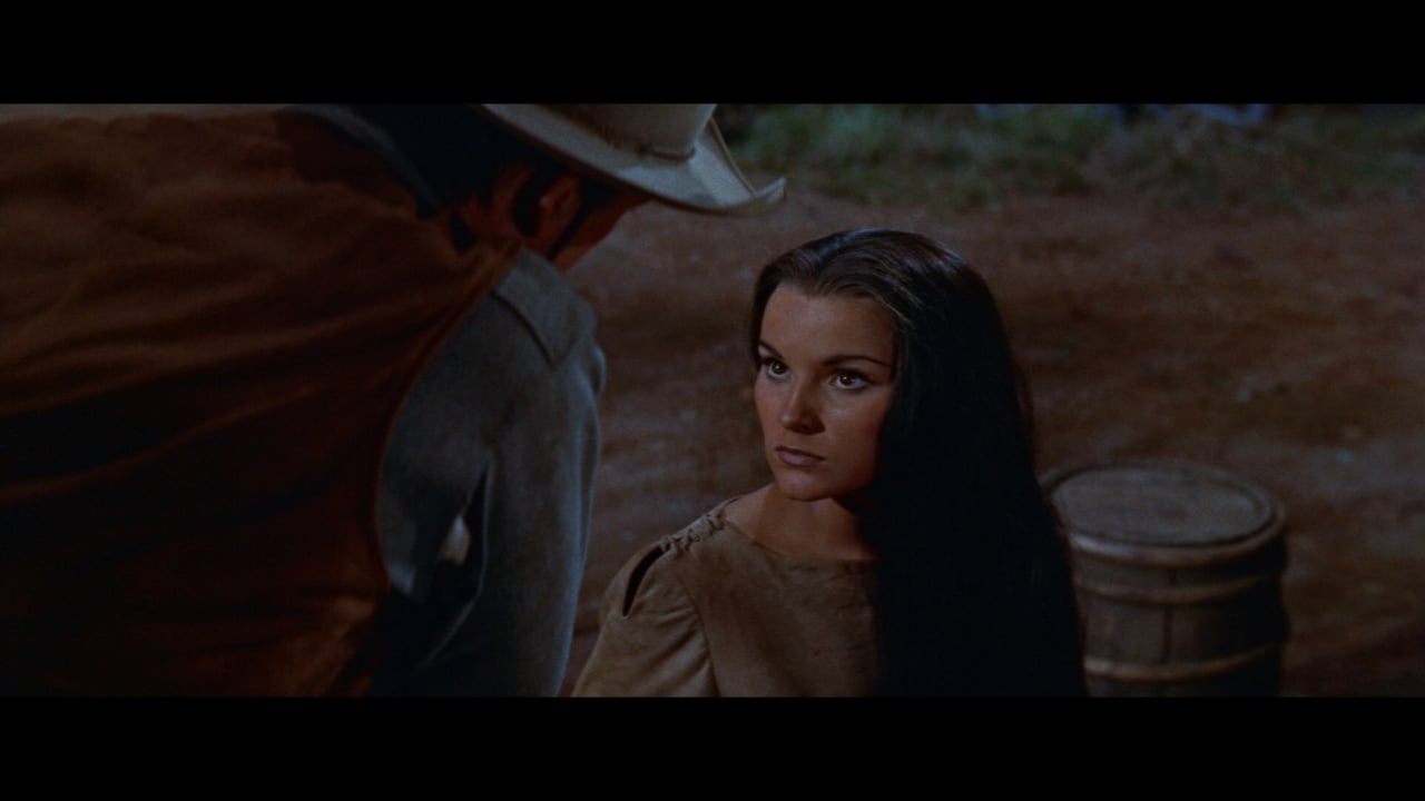 A woman with long dark hair looks upward at a person in a cowboy hat, set in an outdoor environment with a wooden bucket visible in the background.