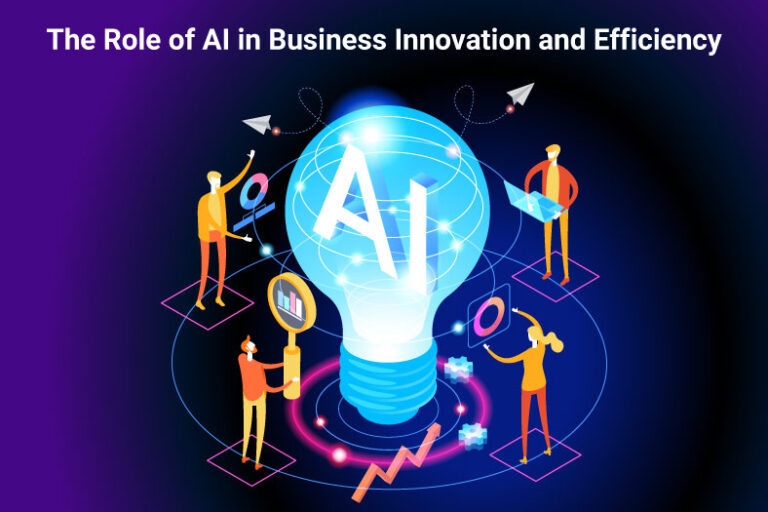 The Role of AI In Driving Business Innovation And Efficiency Illustration of people around a giant light bulb labeled "AI," symbolizing business innovation and efficiency. Text at the top reads: "The Role of AI in Business Innovation and Efficiency.