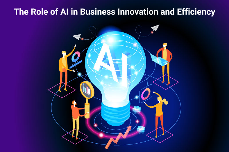 Illustration of people around a giant light bulb labeled "AI," symbolizing business innovation and efficiency. Text at the top reads: "The Role of AI in Business Innovation and Efficiency.