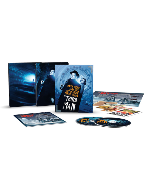 The image shows a Blu-ray box set of "The Third Man" with its cover, two discs, a booklet, and art cards arranged neatly.
