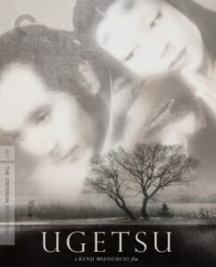 Blurred image of two people overlaid with a silhouette of barren trees and the title "Ugetsu" below, with text indicating it's a film by Kenji Mizoguchi from The Criterion Collection.