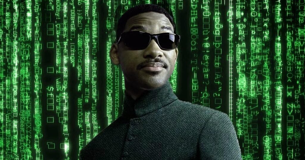 A person wearing sunglasses and a dark jacket stands confidently against a backdrop of green digital code.
