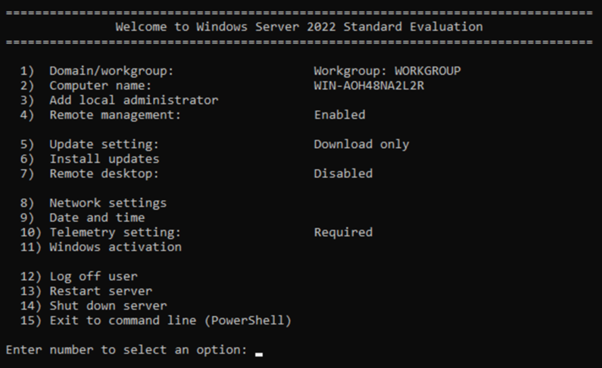Screenshot of a Windows Server 2022 Standard Evaluation setup menu, listing configuration options such as domain settings, update method, and network settings. Options are numbered 1 to 12.
