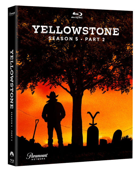 Yellowstone Season 5 Part 2" Blu-ray cover showing a silhouette of a person and a horse under a tree against an orange sky.