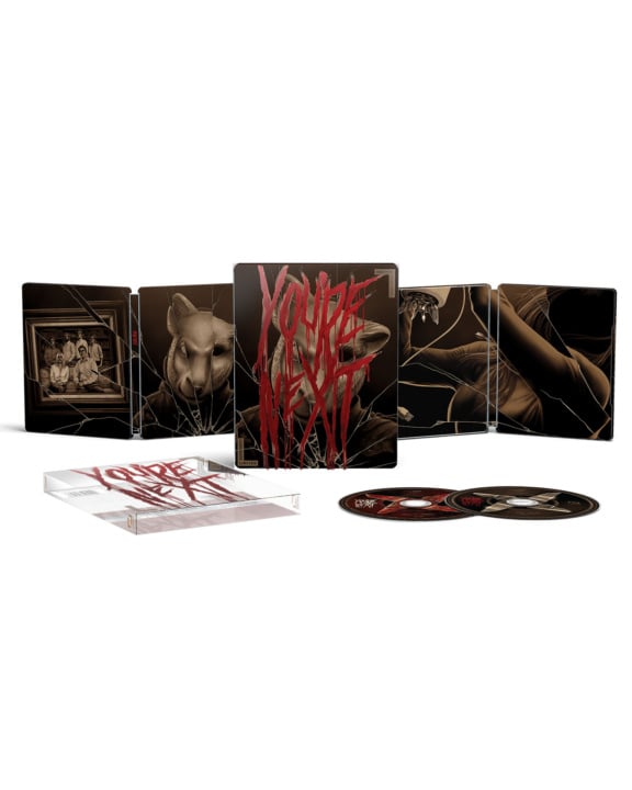 You're Next" steelbook edition with artwork featuring animal masks and bold red text. Includes multiple discs and a clear case.