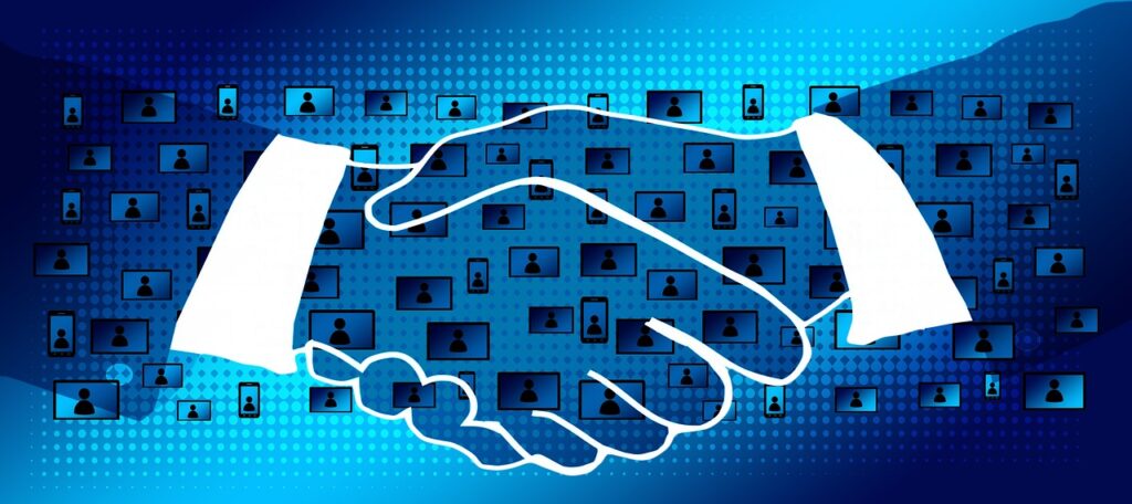 Illustration of two hands shaking against a digital backdrop of connected profile icons, symbolizing networking or agreement.