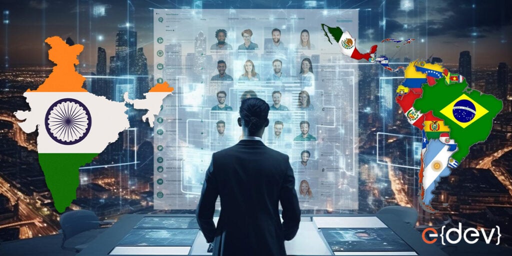 A person in a suit looks at a digital map displaying headshots, with colorful maps of India and Latin America.
