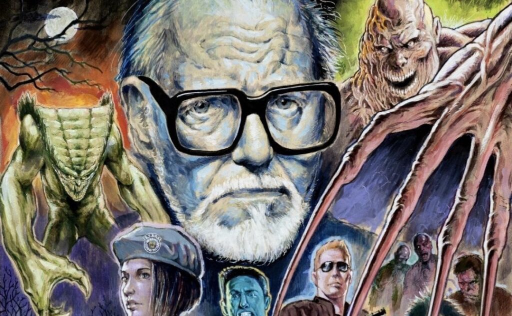 A collage featuring a bespectacled man surrounded by various monsters and characters, including a clawed creature, set against a dark, atmospheric background.