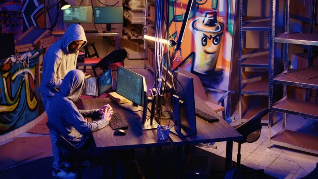 Two people in hoodies use computers in a dimly lit room with graffiti art and multiple monitors.