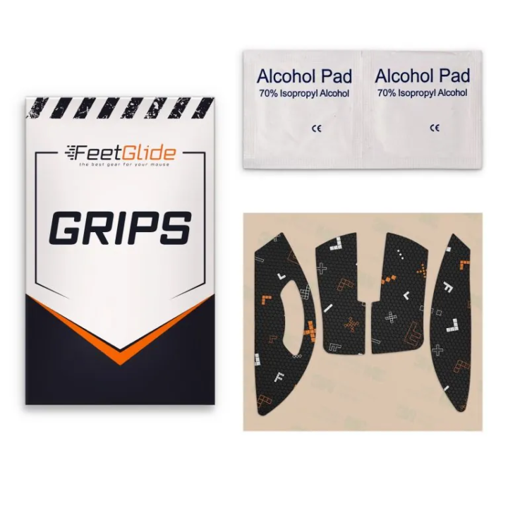 Package of FootGlide Grips with two alcohol pads and a set of black adhesive grips with orange and white accents.