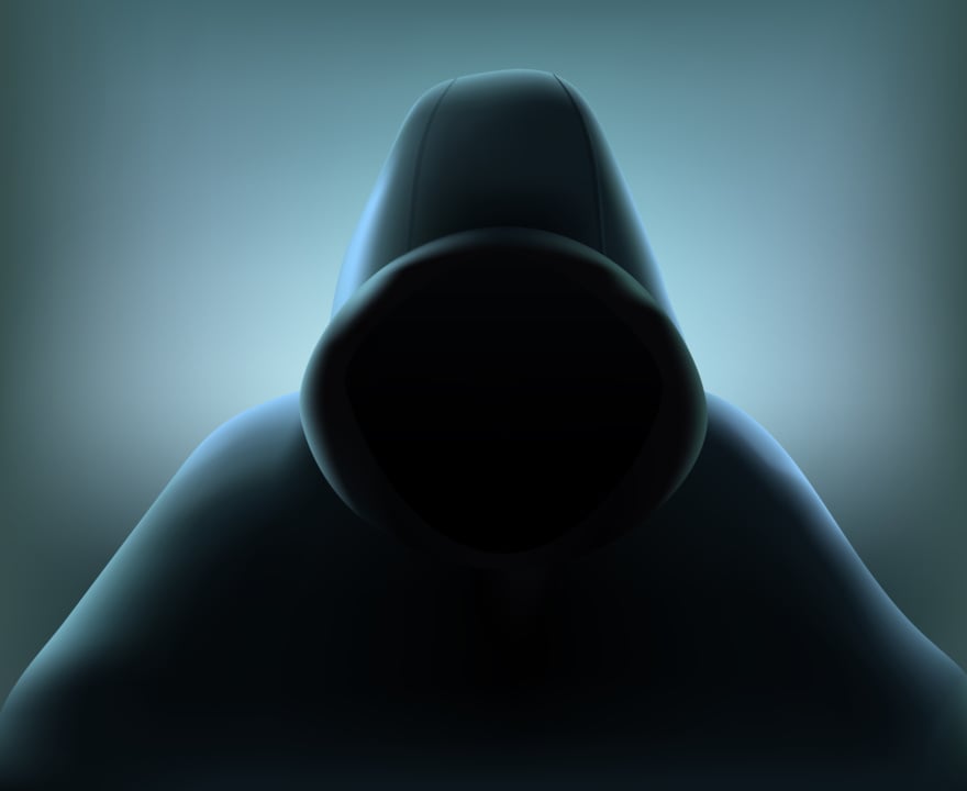 A person in a dark hooded cloak, face obscured in shadow, against a gradient background.