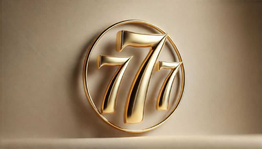 Gold numeral "77" inside a circular border on a light brown background.