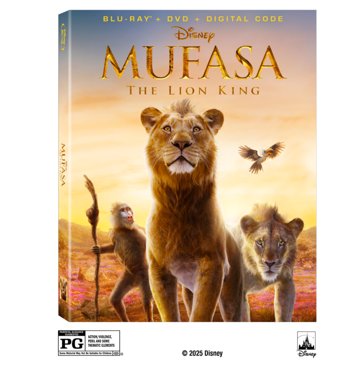 Blu-ray cover of "Mufasa: The Lion King" showing three lions, a baboon, and a flying bird in a savanna landscape at sunset.