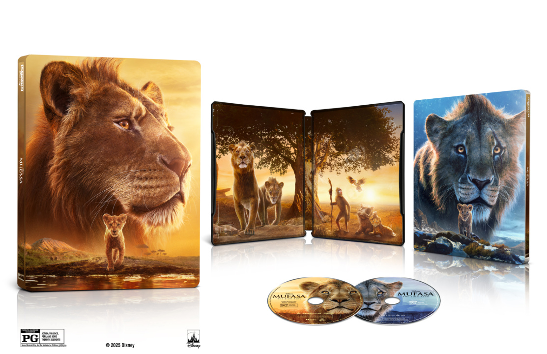 The image shows a two-disc "The Lion King" DVD set with a collector’s steelbook case featuring characters from the movie on the cover and inside artwork. Rated PG.