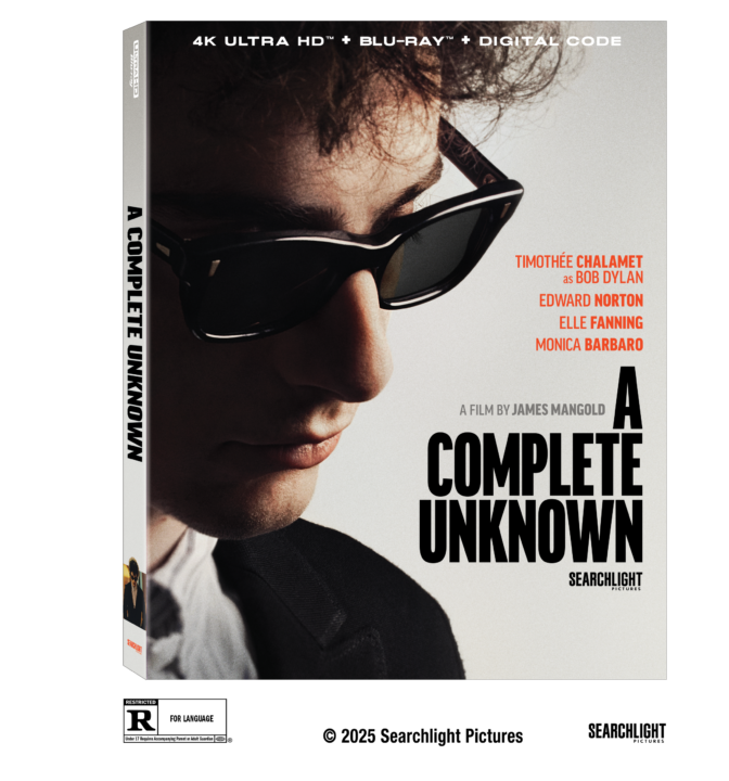 Cover of "A Complete Unknown" 4K Ultra HD Blu-ray featuring a person in sunglasses. Text includes cast names and the director, James Mangold.