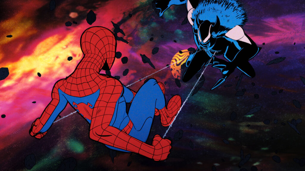 Spider-Man facing off against a black suited character in a colorful, cosmic setting, surrounded by debris.