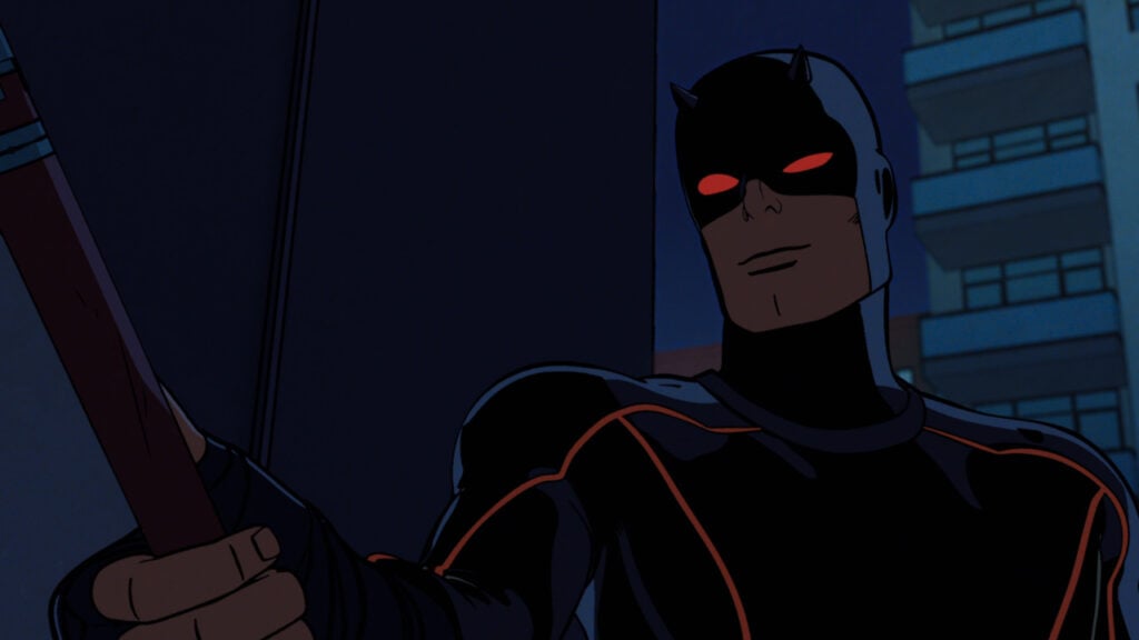 Animated character in a black suit with glowing red eyes holds an object resembling a stick. Background shows a cityscape at night.