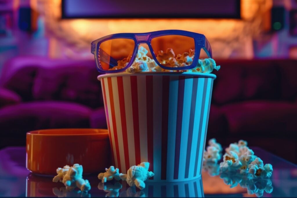 A bucket of popcorn with 3D glasses on top, surrounded by scattered popcorn, in a dimly lit room with blurred purple seating in the background.