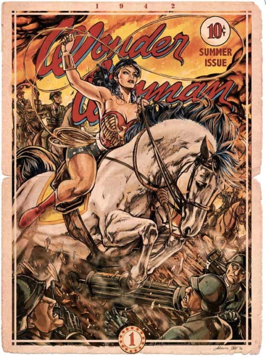 Vintage Wonder Woman comic cover showing her riding a white horse, charging through a battlefield with soldiers and machinery, dated 1942 summer issue, priced at 10 cents.
