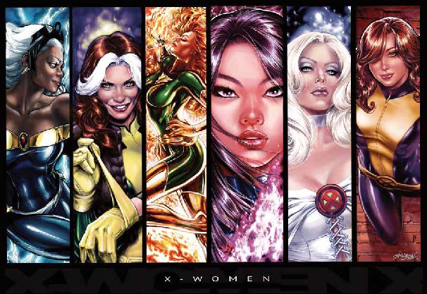 Illustration of six women in comic book style wearing superhero costumes from the "X-Women" series.