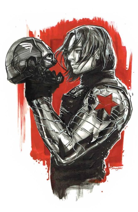 A character with long hair and a metal arm holds a helmet. A red star is visible on the arm, and a red background accentuates the figure.