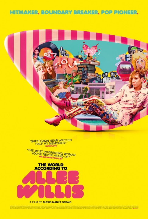 Colorful poster for "The World According to Allee Willis," featuring a vibrant collage and a woman surrounded by artistic elements.