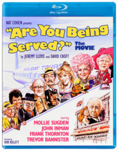 Blu-ray cover of "Are You Being Served? The Movie" featuring cartoonish illustrations of the main characters in front of a plane. Cast names listed at the bottom.