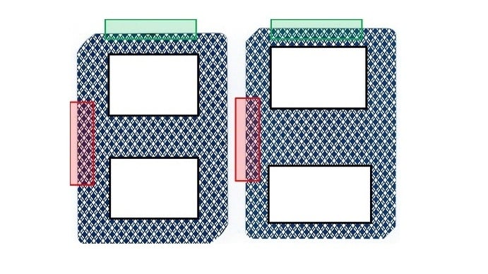 Illustration of two patterned rectangular shapes with white rectangles and colored tabs on top and sides.