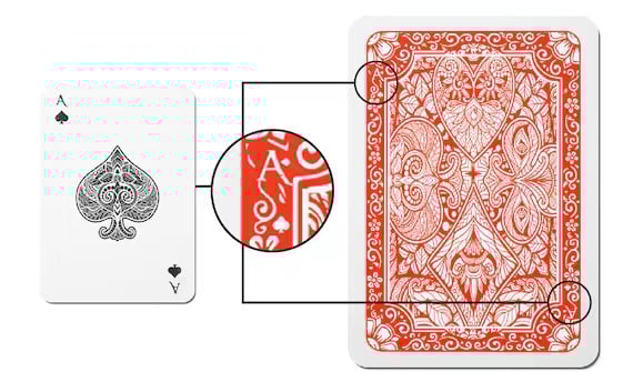 Diagram showing the Ace of Spades card face and a magnified section of a red, intricately designed card back.