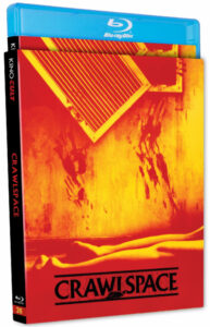 Blu-ray cover of "Crawlspace". The cover is predominantly red and yellow, featuring a vent and handprints on a wall. The case is blue with "Kino Cult" on the spine.