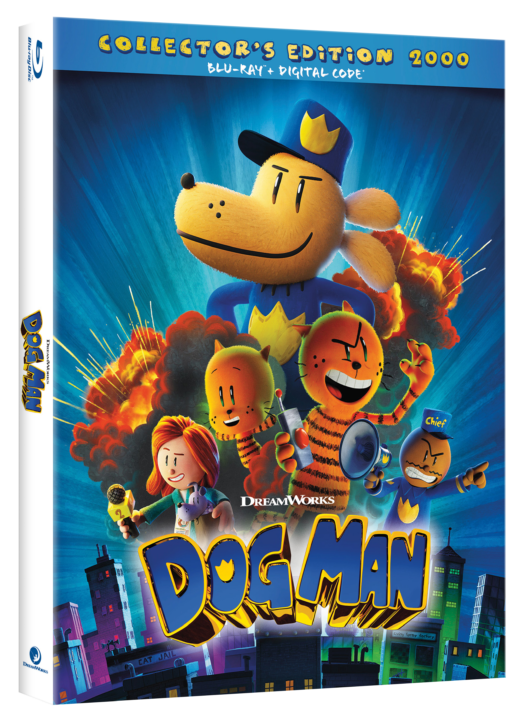 Cover of "Dog Man Collector's Edition 2000," featuring cartoon characters, including a dog in a police uniform, and vibrant cityscape with colorful explosions in the background.