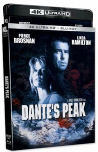 4K Ultra HD DVD cover of "Dante's Peak" featuring a man and woman against a backdrop of smoke and clouds. Actor names are Pierce Brosnan and Linda Hamilton.