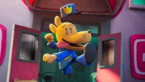 Animated dog in a blue police uniform jumps joyfully outside a building with two red doors.