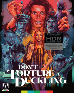 Colorful collage-style movie poster for "Don't Torture a Duckling," featuring various characters and dramatic expressions, with a 4K Ultra HD HDR label on the top right.