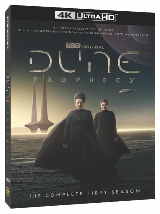 DVD cover for "Dune: Prophecy" complete first season, featuring cloaked figures on a desert landscape with futuristic structures in the background.