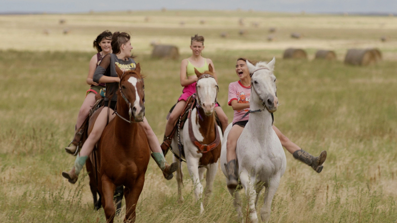 Four people riding horses in an open field, smiling and laughing. They are wearing casual summer clothes and boots. Two riders hold reins with one hand. Hay bales are visible in the background.