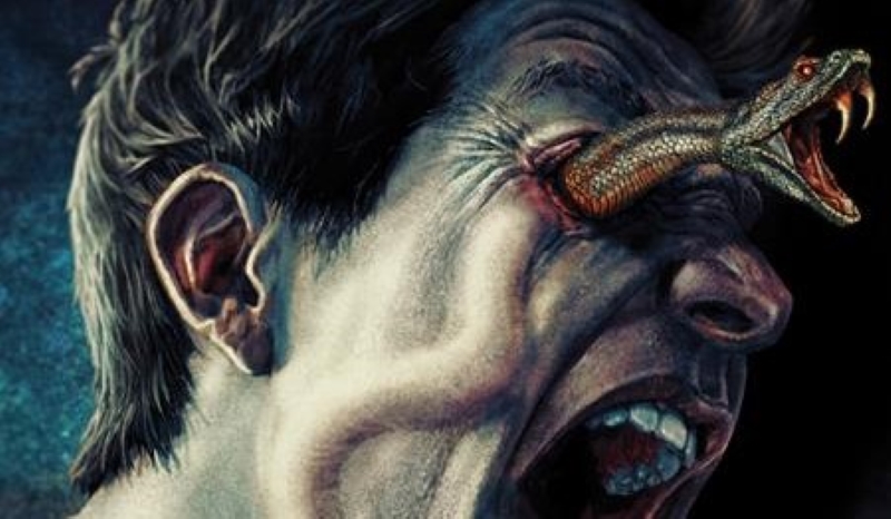 A person shouting with a snake emerging from one eye, mouth open and fangs visible.