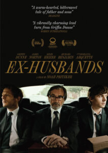 Three men in suits sit in the backseat of a car. The movie poster text reads: "Ex-Husbands, a film by Noah Pritzker,” with quotes from reviews above the title.