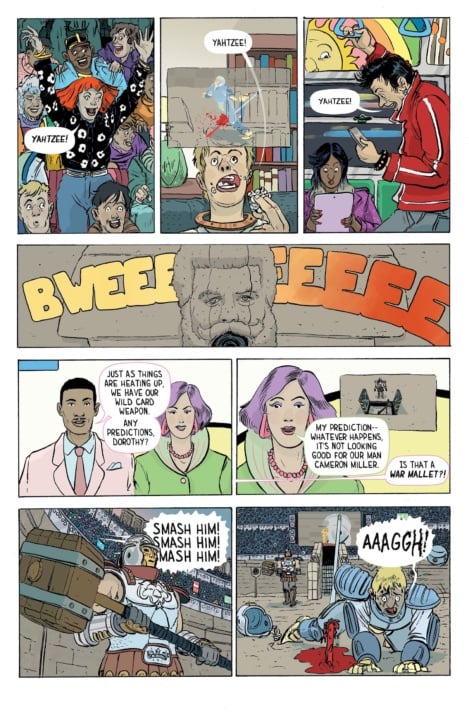 Comic page showing a chaotic game with fans cheering "YATZEE!" and commentators predicting outcomes. A player is flipped by a large machine, while bystanders shout "Smash him!.