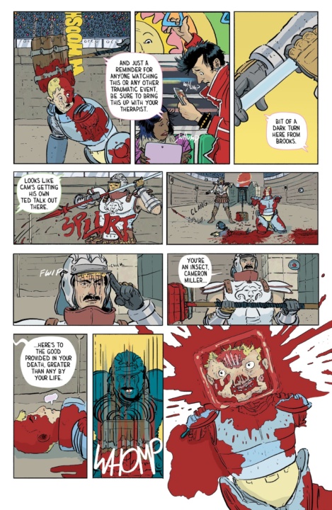 A comic scene with characters fighting in an arena, including an announcer, futuristic weaponry, and a dramatic fight sequence. The setting is chaotic, with one character in red armor shown bleeding.