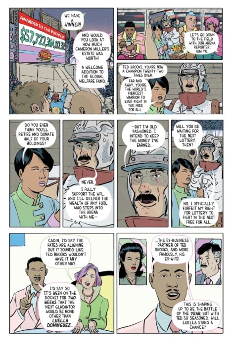 Comic page depicting a conversation among a TV reporter, two astronauts, and a man about a lottery win. The scene includes dialogue on welfare funds, luck, and the forthcoming lottery.
