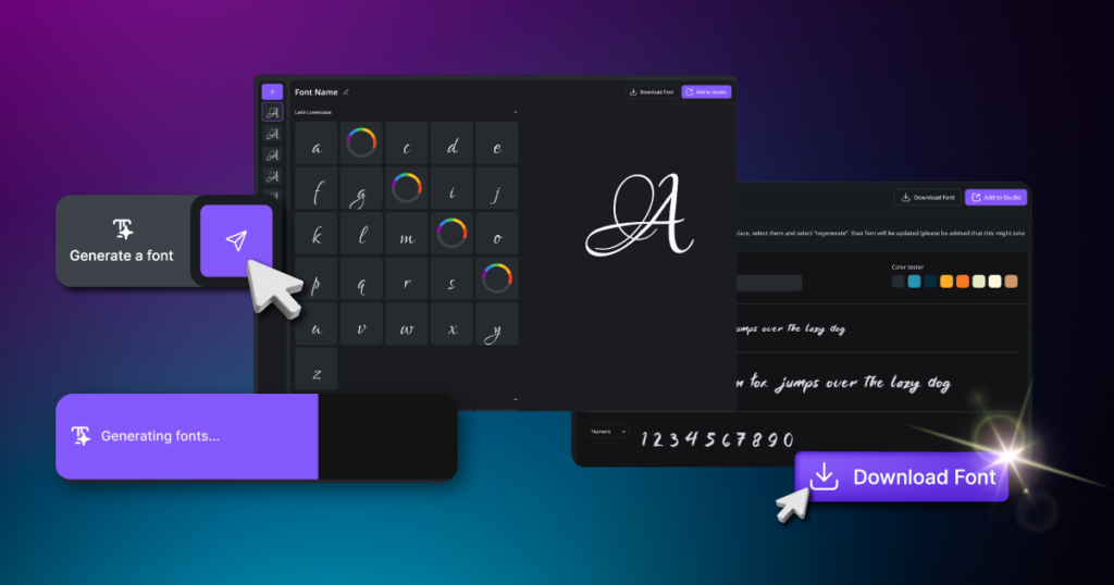 A digital interface showcasing a font generating application with buttons and tools for font selection and downloading.