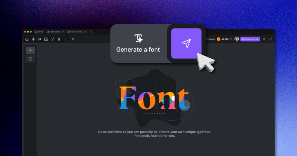 A graphic user interface shows a button labeled "Generate a font" with a cursor pointing at it, and colorful text below spelling "Font.