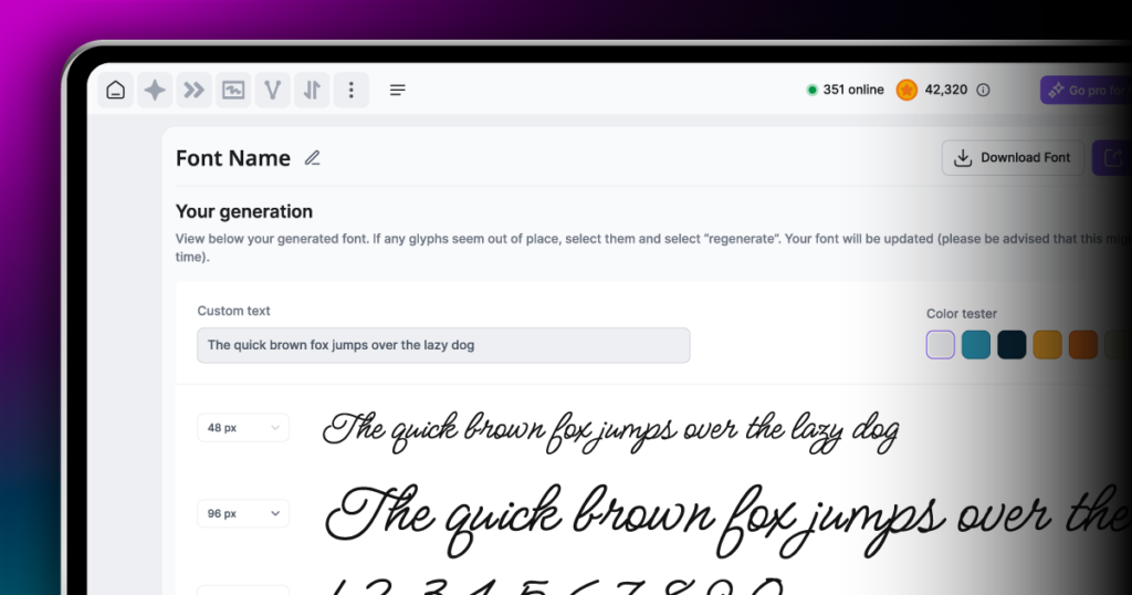 A digital font generator showing "The quick brown fox jumps over the lazy dog" in various fonts and sizes on a screen.