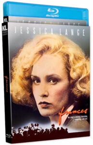 Blu-ray cover of "Frances" featuring a woman with blonde hair on the front. Text reads: "Jessica Lange" and "Frances.