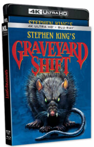 Cover of "Graveyard Shift" 4K Ultra HD + Blu-ray. Features a large rat with glowing eyes against a blue background. Title is in bold yellow and red lettering.