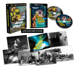 DVD box set of "It Came From Outer Space" with discs and black-and-white film stills, featuring a lenticular hard slipcase.