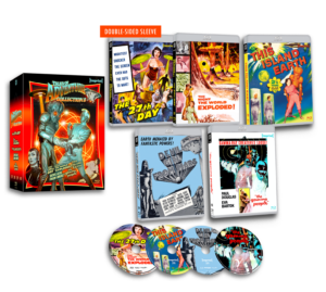 A collection of sci-fi movie memorabilia including DVD covers, discs, and a box featuring titles like "This Island Earth" and "The 27th Day" with various retro-styled illustrations.