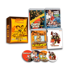 Box set of five classic adventure movie DVDs with covers displayed, including "Counter-Attack," "Abandon Ship," "King Rat," and "Bridge at Remagen," alongside their corresponding discs.