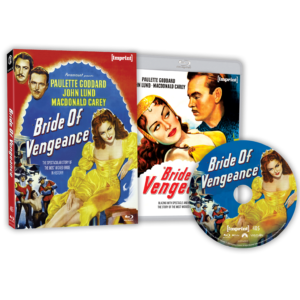 DVD cover and disc of "Bride of Vengeance" featuring a woman in a yellow dress and a man in military attire, set against a dramatic background.
